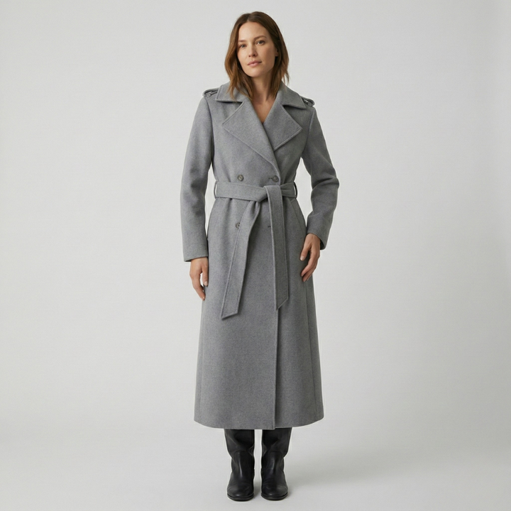Geovari | Long Wool Trench Coat - Grey Marl