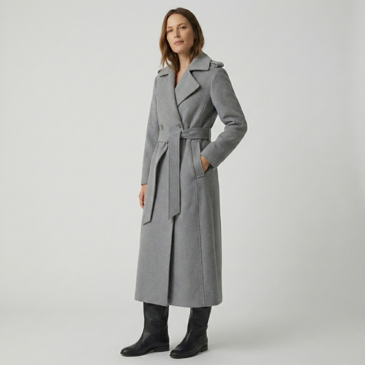 Geovari | Long Wool Trench Coat - Grey Marl