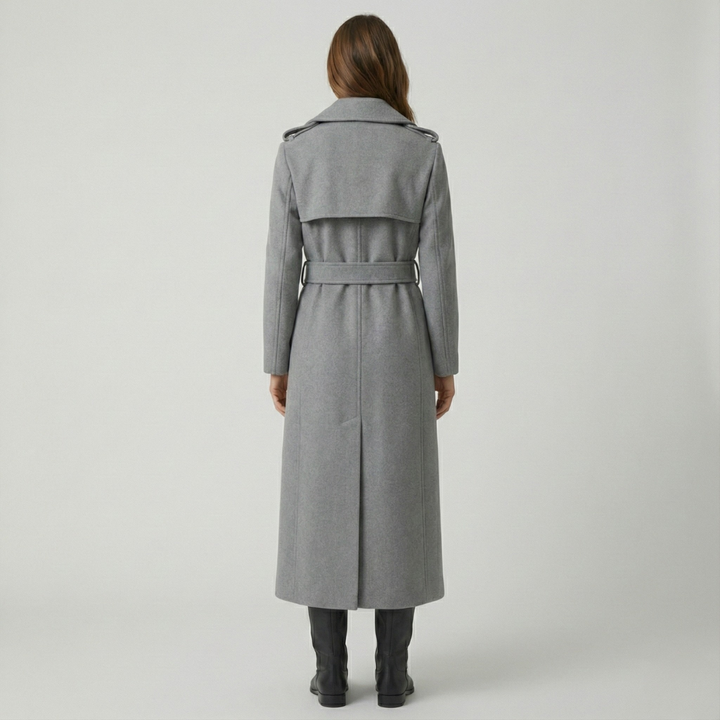 Geovari | Long Wool Trench Coat - Grey Marl