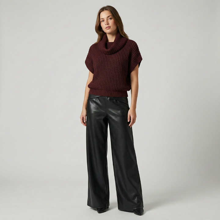 Geovari | Crossover Waistband PU Leather Wide-Leg Trousers