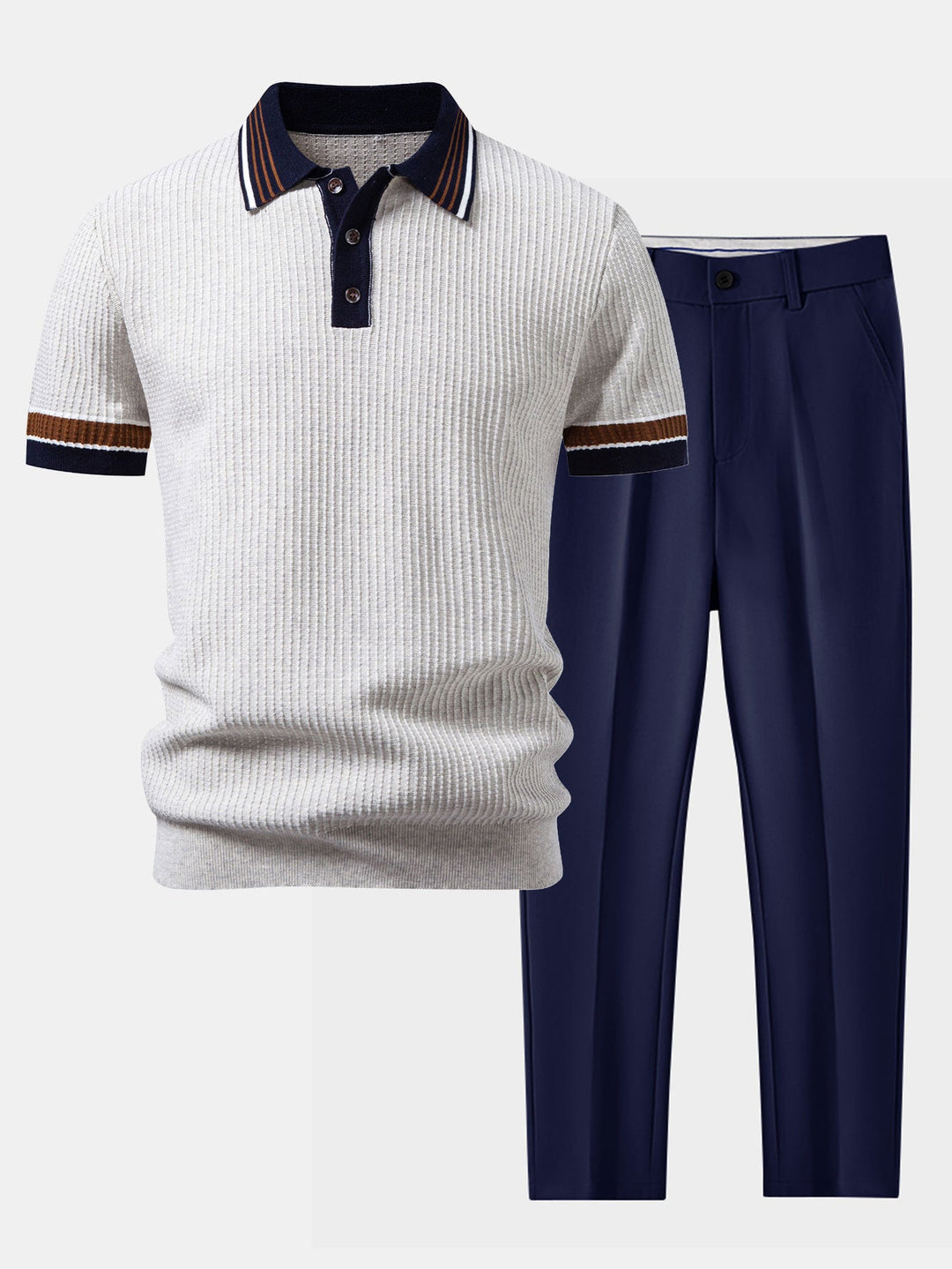 Geovari | Contrast Stripe Trim Waffle Knit Polo & Trousers