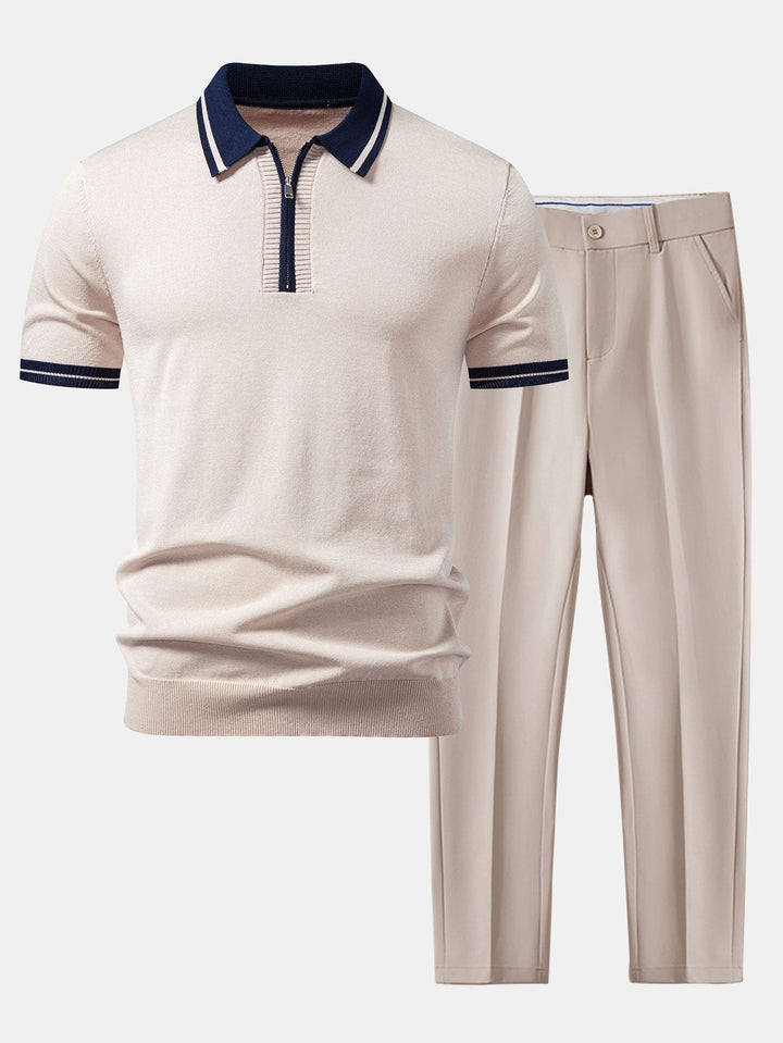 Geovari | Contrast Trim Zip Knit Polo & Tapered Trousers