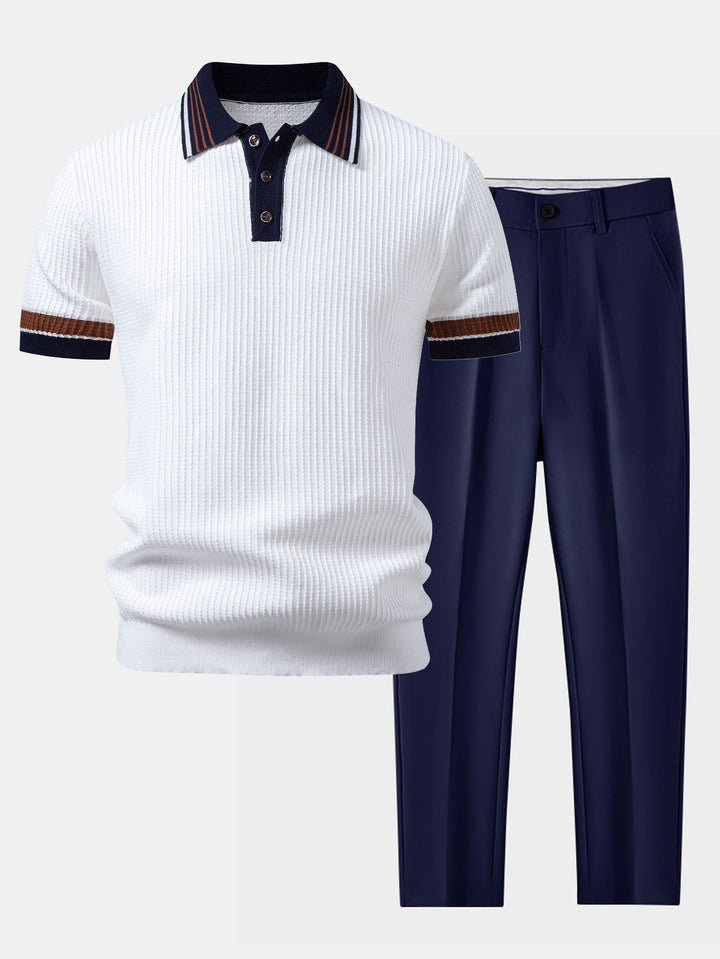Geovari | Contrast Stripe Trim Waffle Knit Polo & Trousers