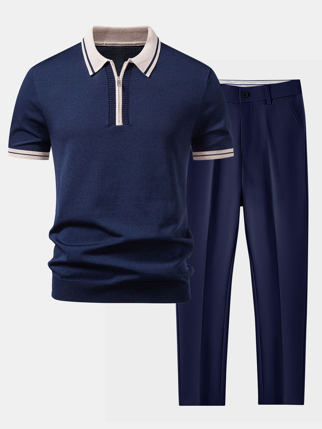 Geovari | Contrast Trim Zip Knit Polo & Tapered Trousers