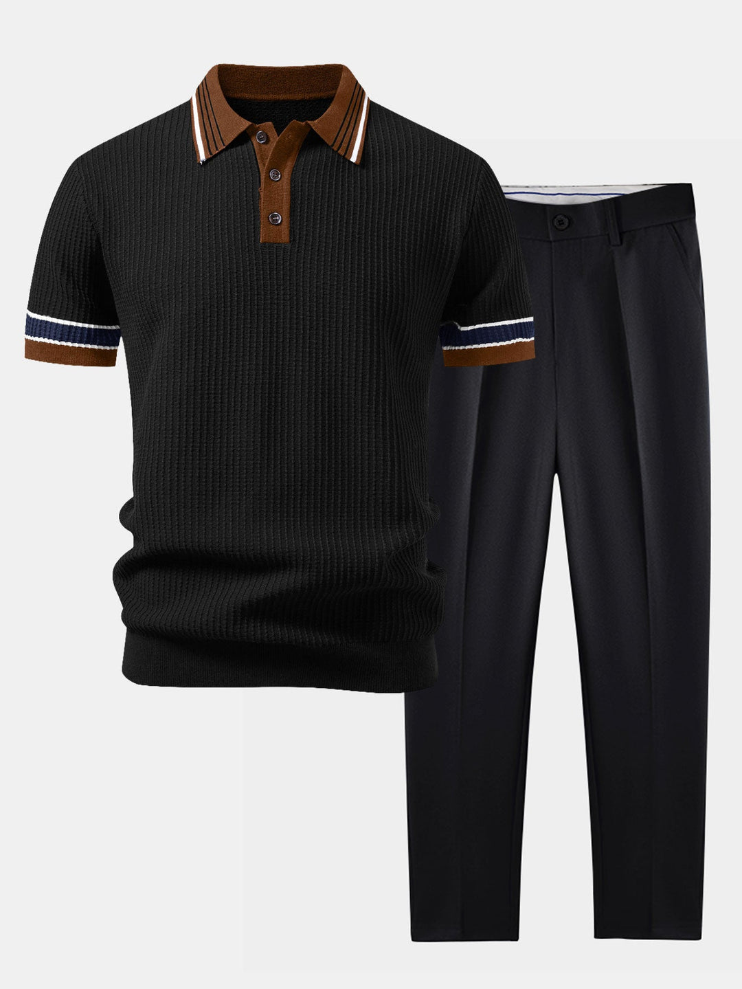 Geovari | Contrast Stripe Trim Waffle Knit Polo & Trousers