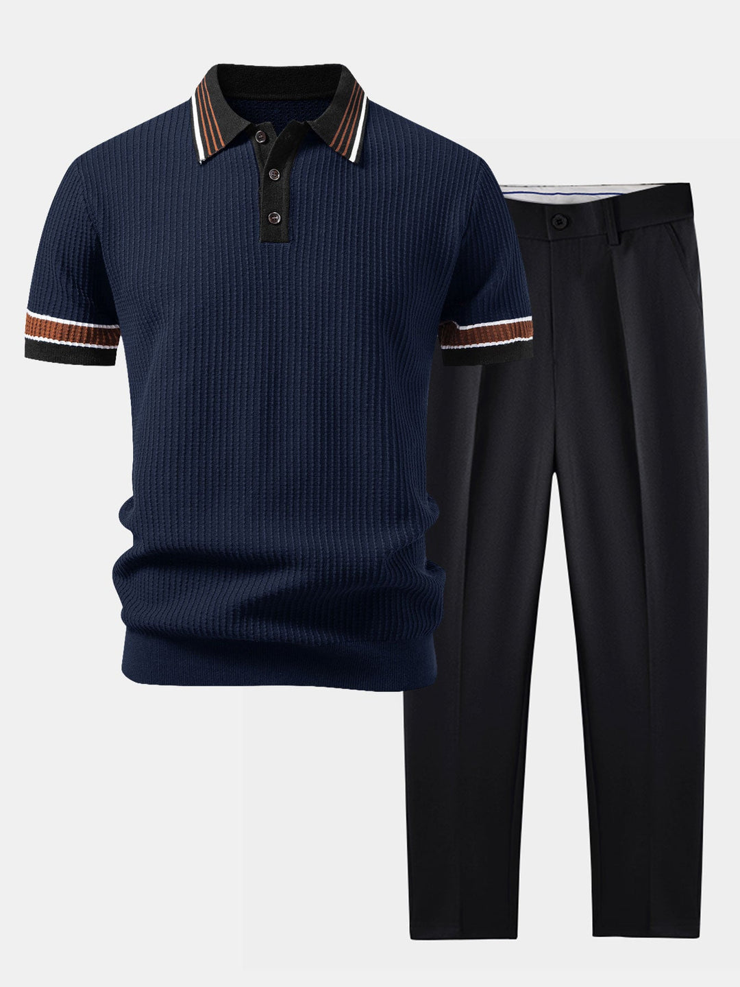 Geovari | Contrast Stripe Trim Waffle Knit Polo & Trousers