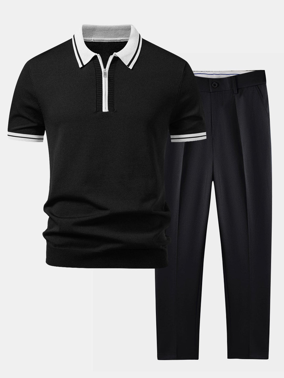 Geovari | Contrast Trim Zip Knit Polo & Tapered Trousers