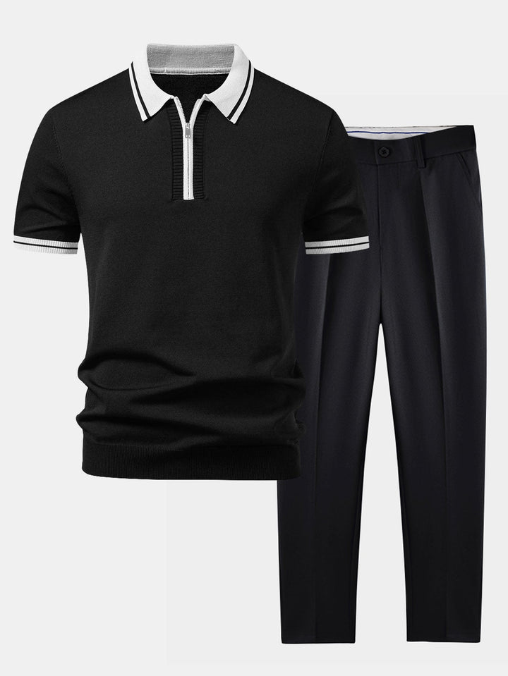 Geovari | Contrast Trim Zip Knit Polo & Tapered Trousers