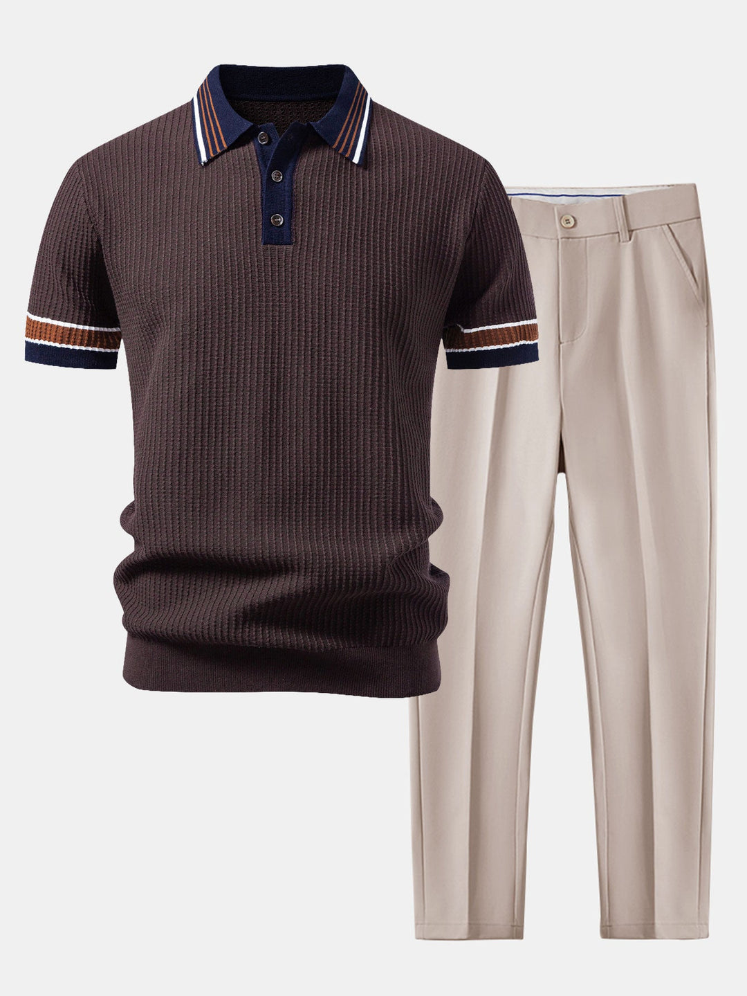 Geovari | Contrast Stripe Trim Waffle Knit Polo & Trousers