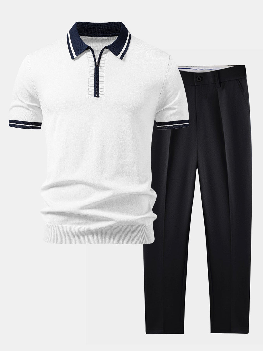 Geovari | Contrast Trim Zip Knit Polo & Tapered Trousers