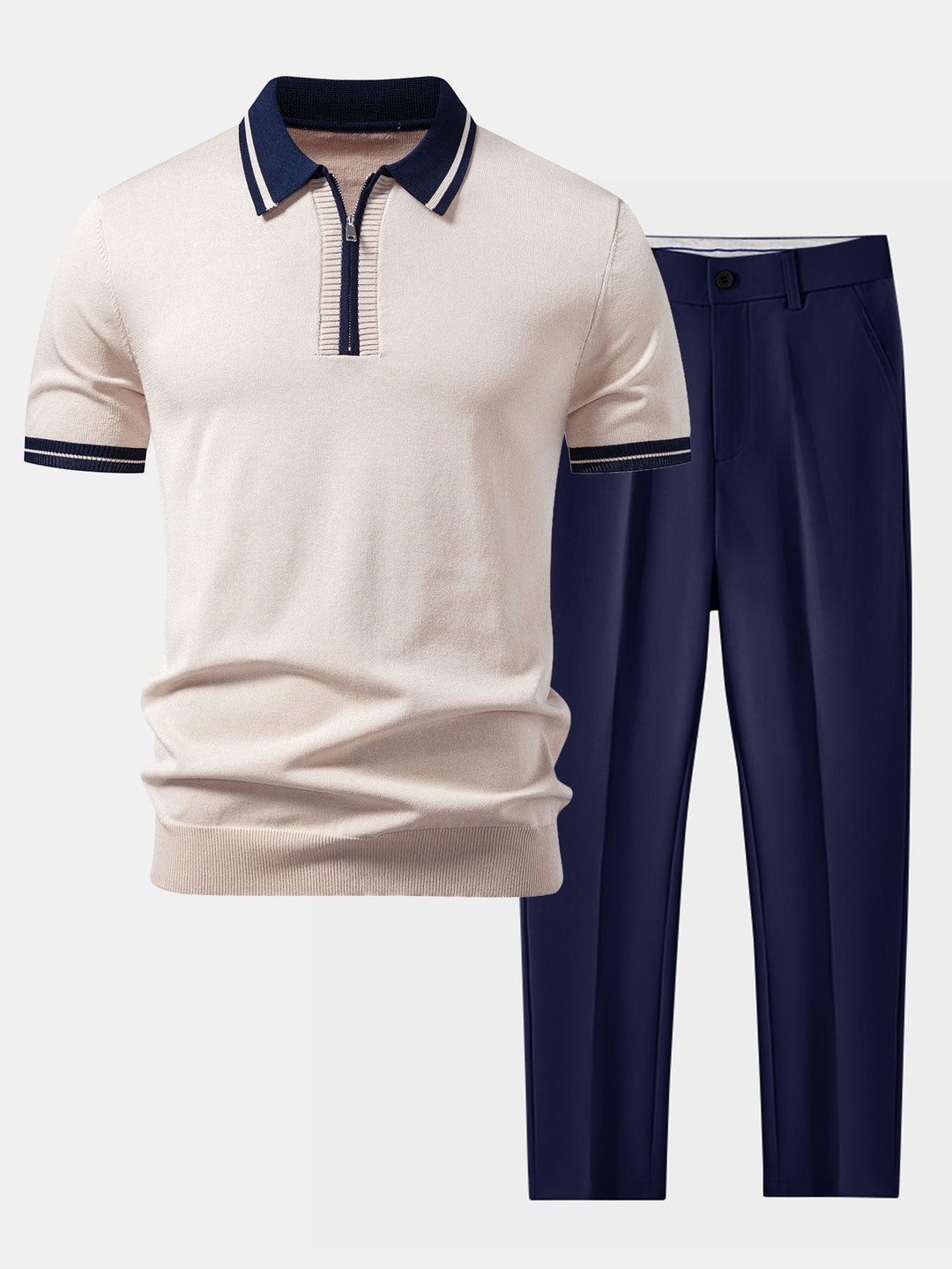 Geovari | Contrast Trim Zip Polo & Slim Tapered Trousers