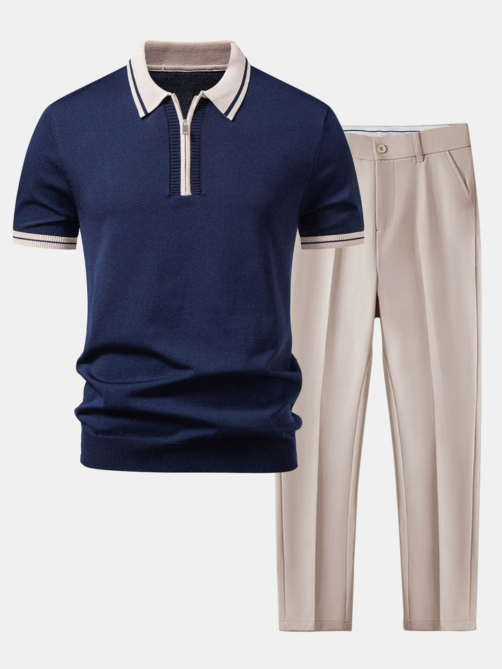 Geovari | Contrast Trim Zip Polo & Slim Tapered Trousers