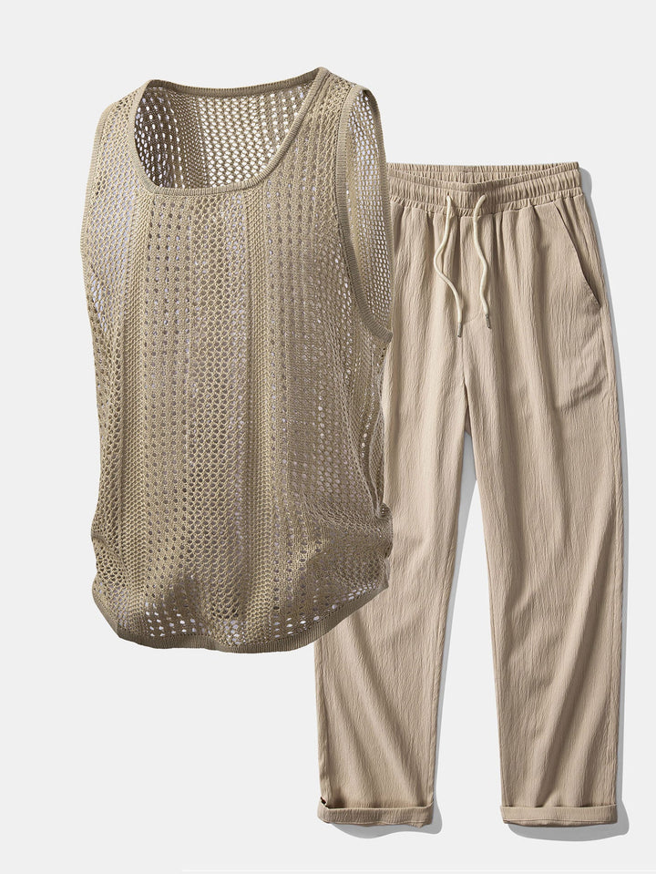Geovari | Crocheted U-Neck Tank & Crinkle Straight-Leg Trousers