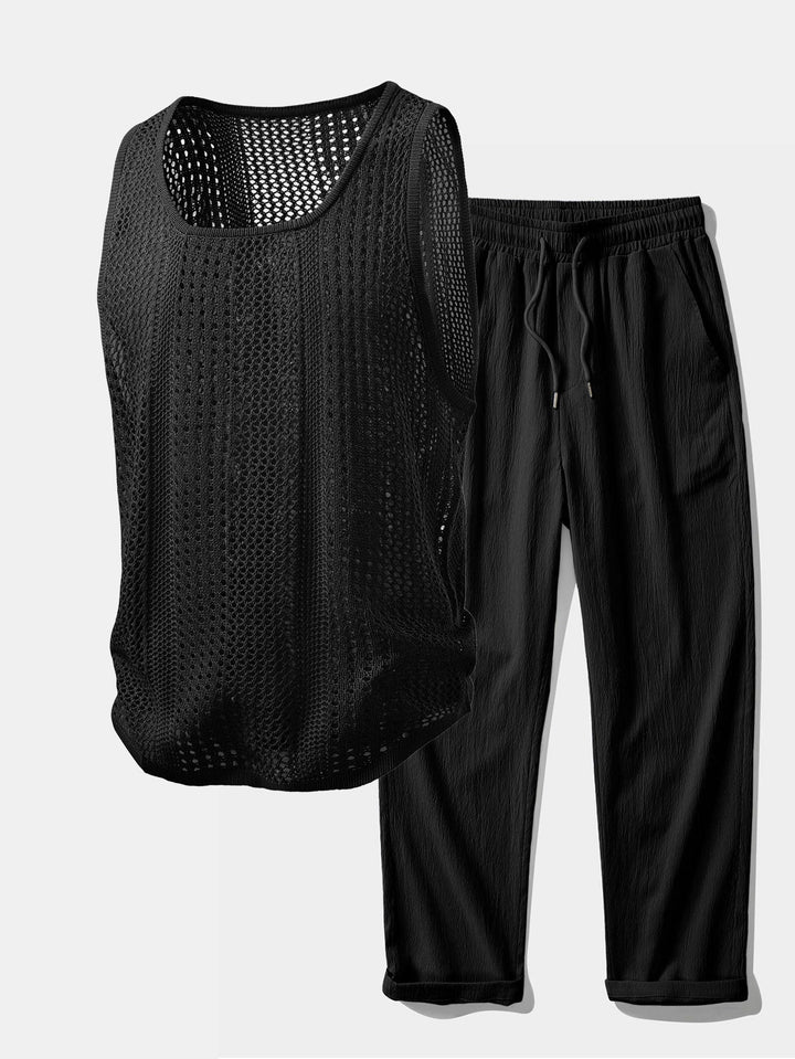 Geovari | Crocheted U-Neck Tank & Crinkle Straight-Leg Trousers