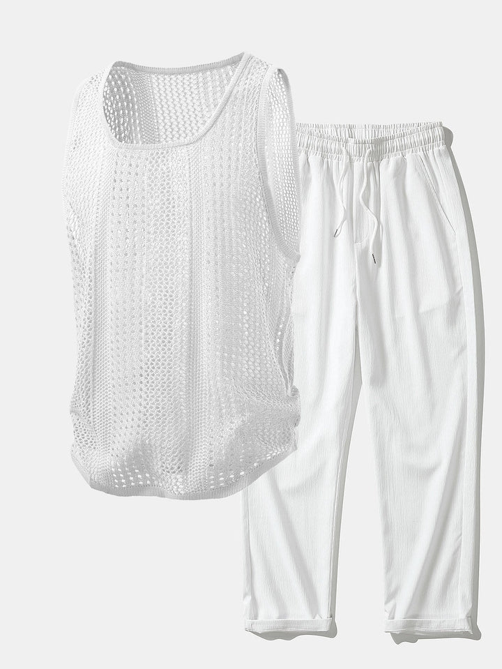 Geovari | Crocheted U-Neck Tank & Crinkle Straight-Leg Trousers