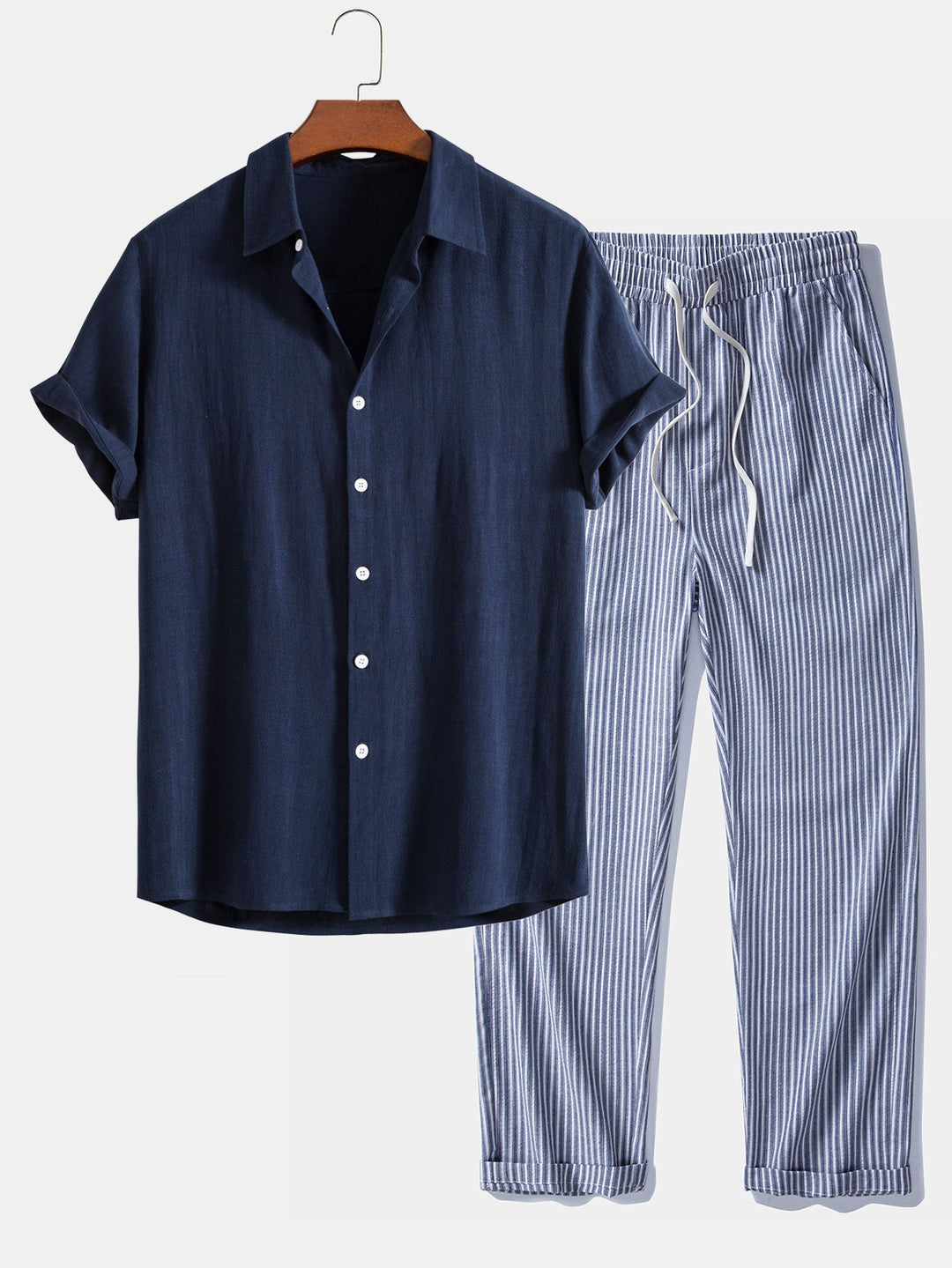 Geovari | Linen Rayon Blend Button-Up Shirt & Linen-Look Striped Trousers