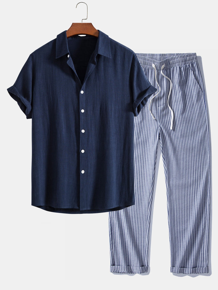 Geovari | Linen Rayon Blend Button-Up Shirt & Linen-Look Striped Trousers