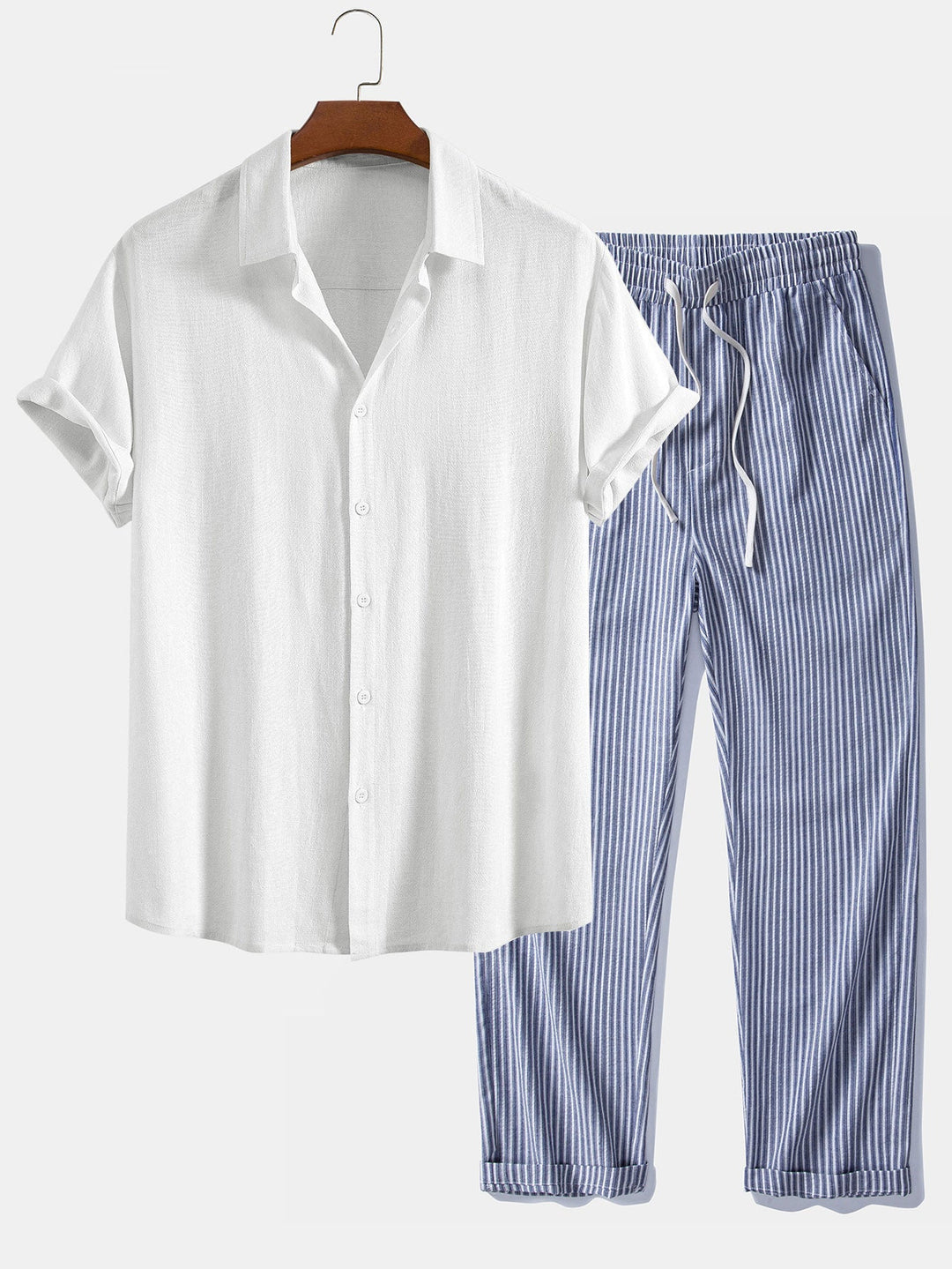 Geovari | Linen Rayon Blend Button-Up Shirt & Linen-Look Striped Trousers