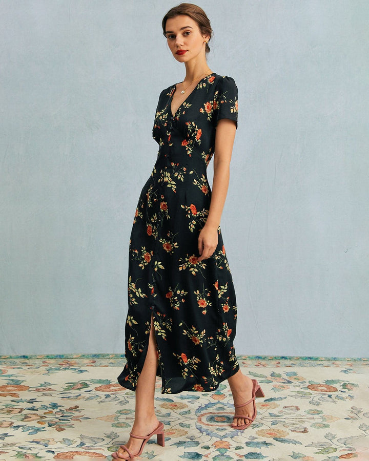 Geovari | Black V-Neck Floral Short-Sleeved Maxi Dress