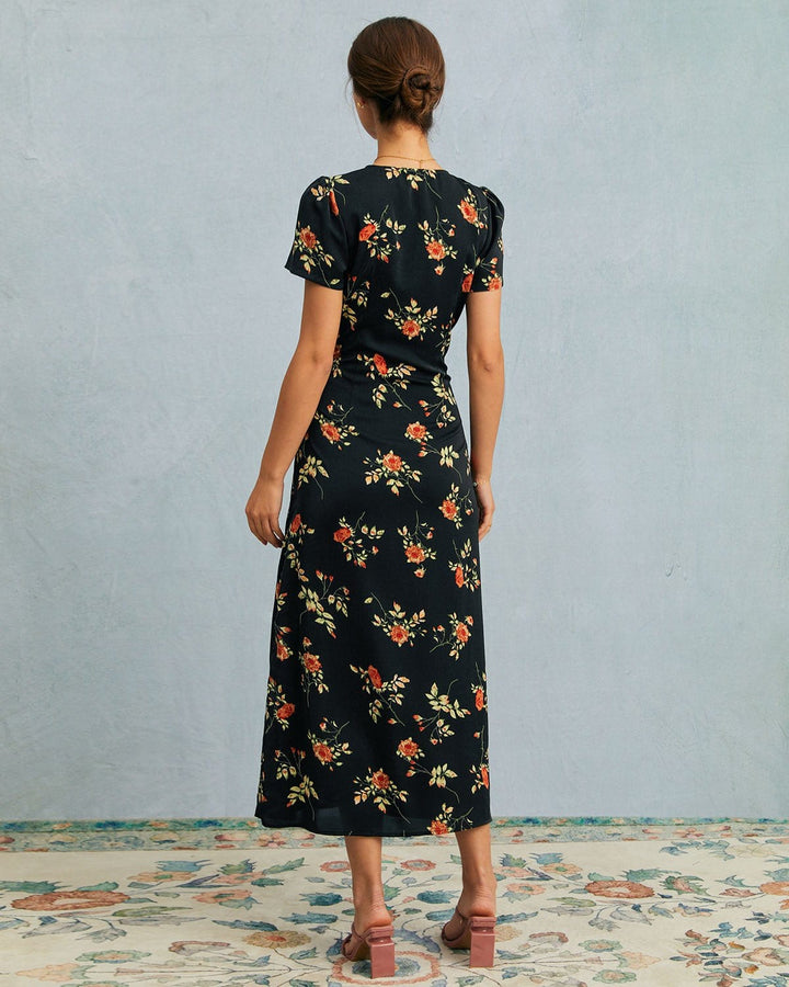 Geovari | Black V-Neck Floral Short-Sleeved Maxi Dress