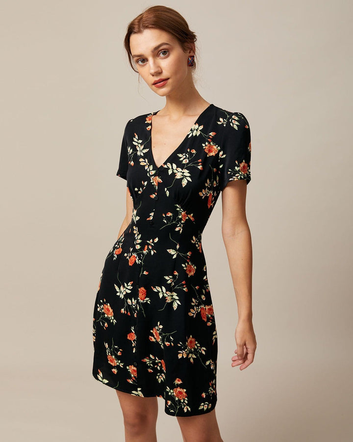 Geovari | Black V-Neck Floral Button-Through Mini Dress
