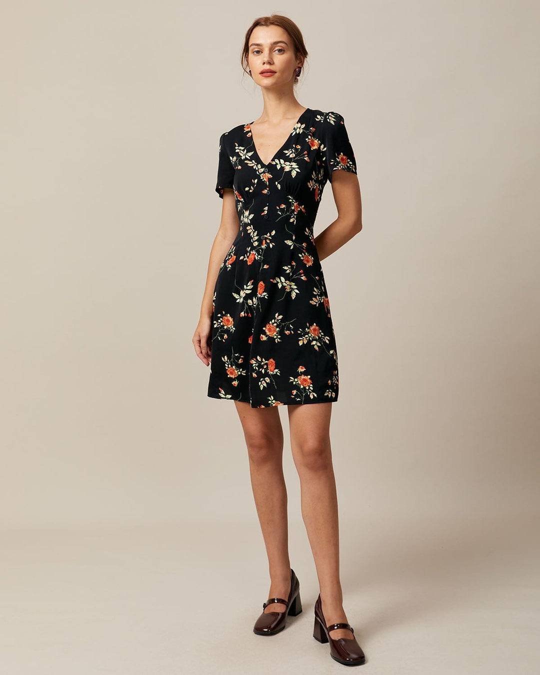 Geovari | Black V-Neck Floral Button-Through Mini Dress