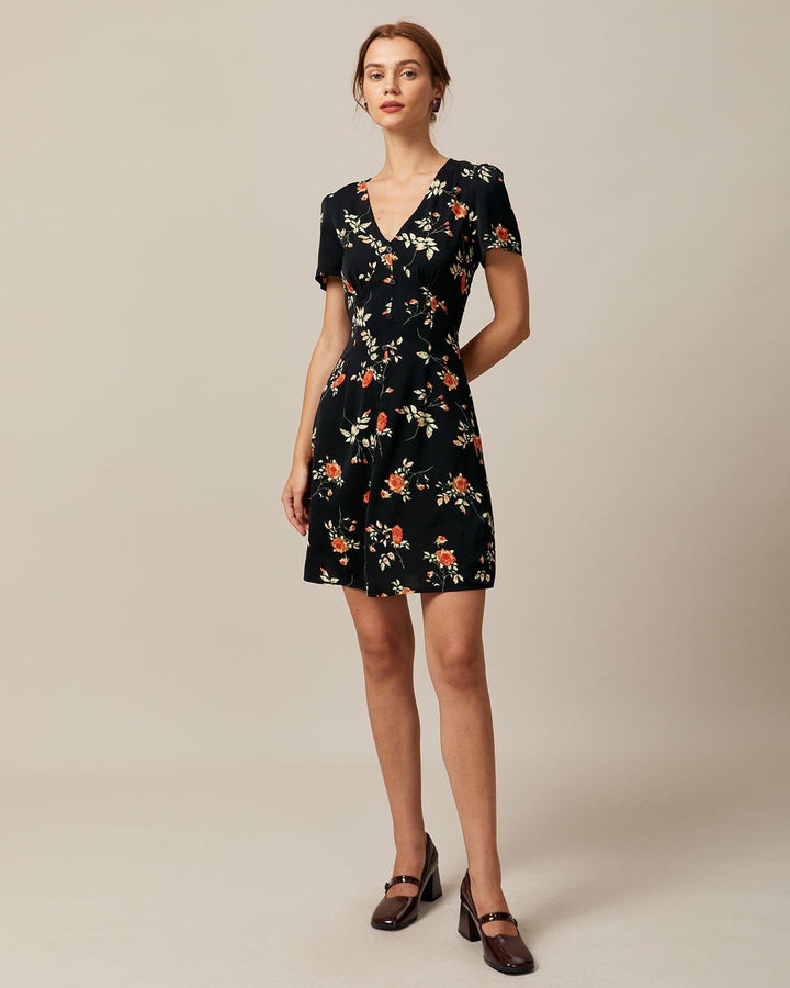 Geovari | Black V-Neck Floral Button-Through Mini Dress
