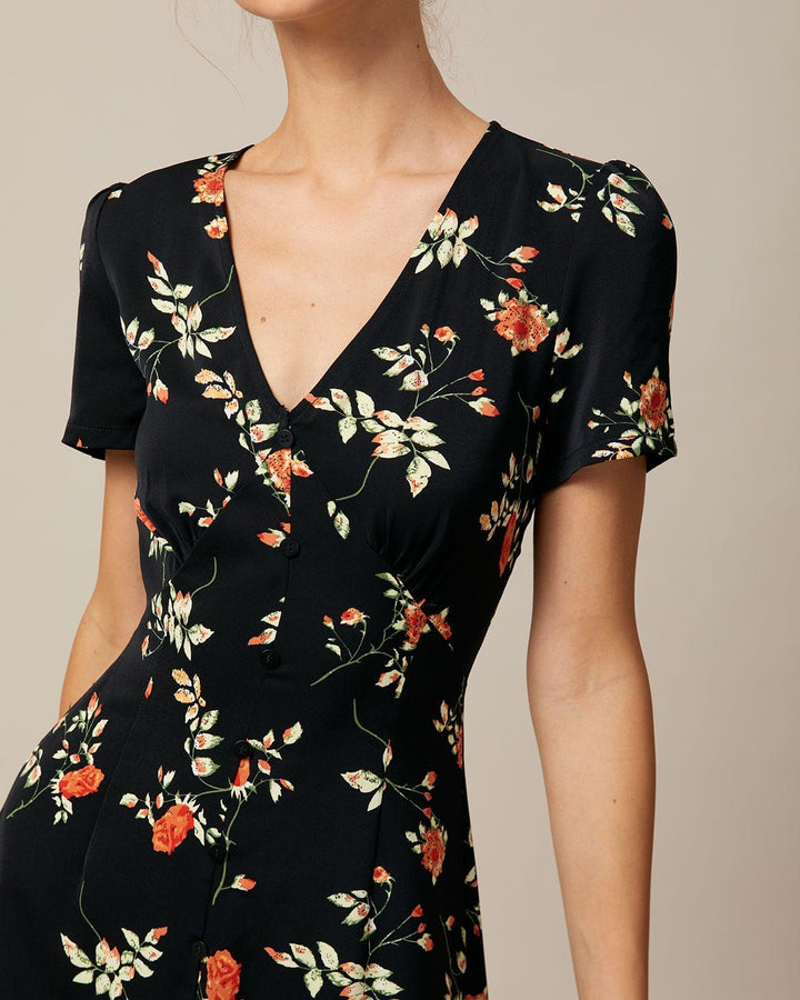 Geovari | Black V-Neck Floral Button-Through Mini Dress