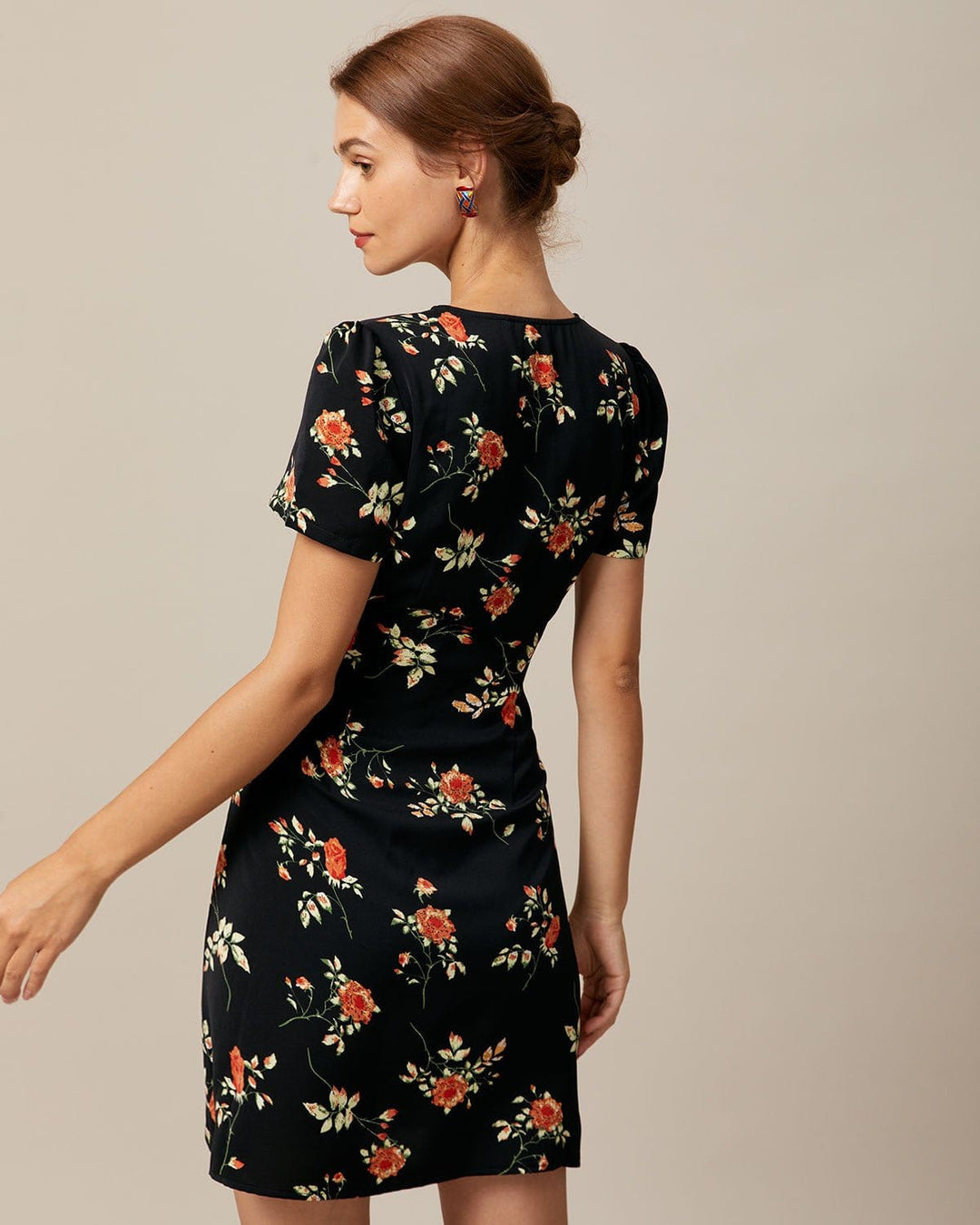 Geovari | Black V-Neck Floral Button-Through Mini Dress