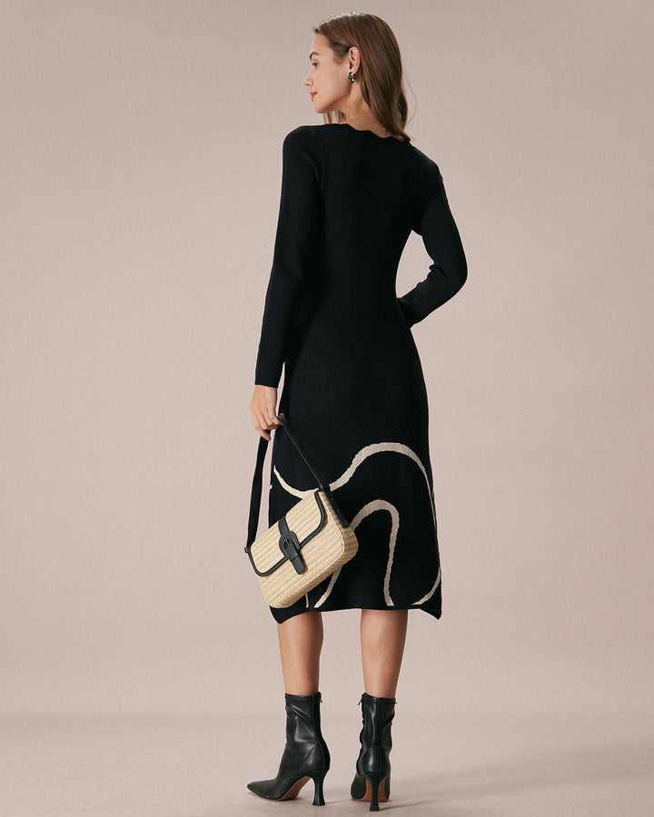 Geovari | Black Wave Scallop-Trimmed Knitted Midi Dress