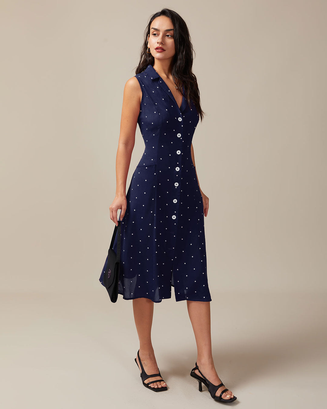 Geovari | Navy Polka Dot V-Neck Tie-Back Midi Dress