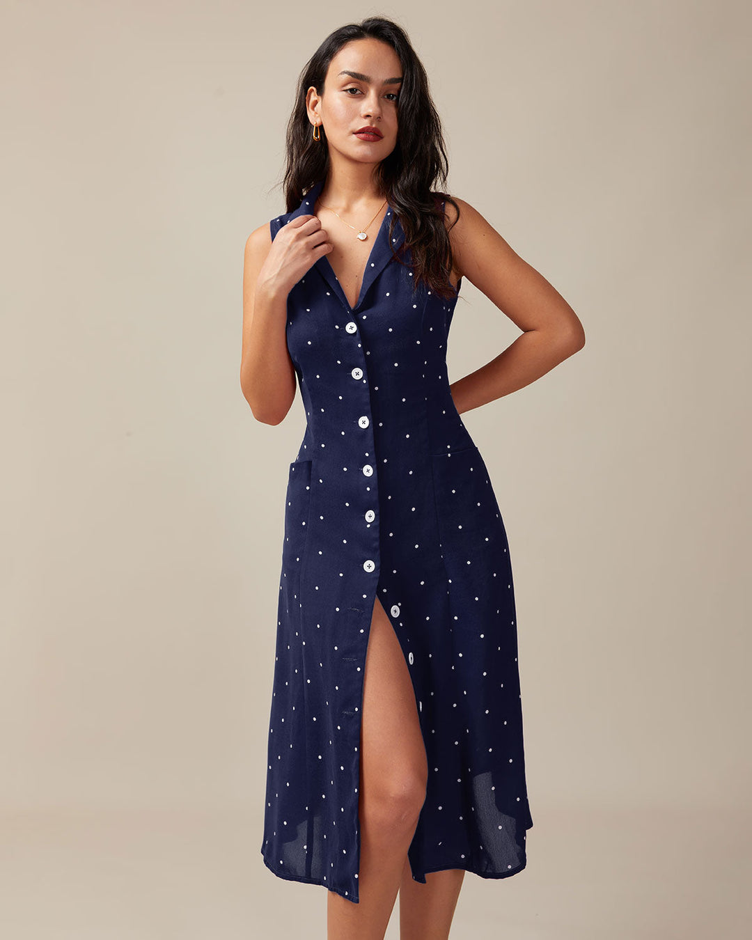 Geovari | Navy Polka Dot V-Neck Tie-Back Midi Dress