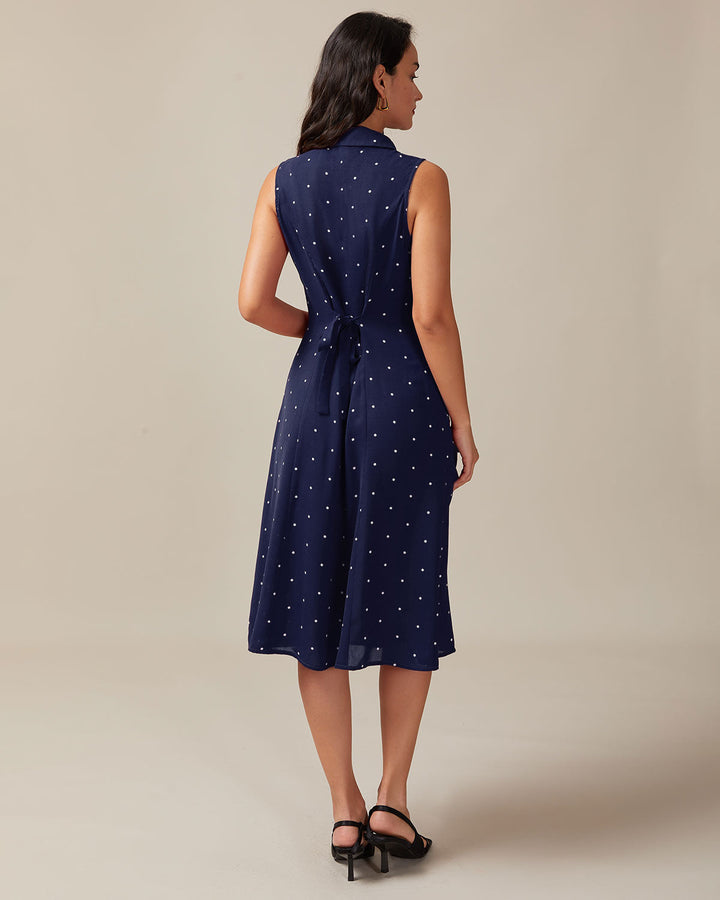Geovari | Navy Polka Dot V-Neck Tie-Back Midi Dress