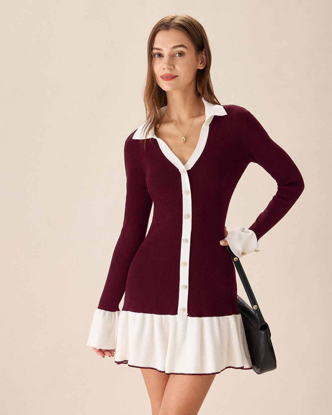 Geovari | Wine-Red Contrast Jumper Dress