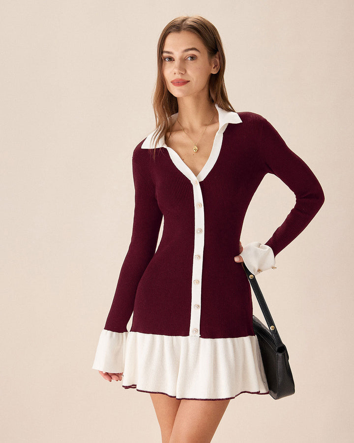 Geovari | Wine-Red Contrast Jumper Dress