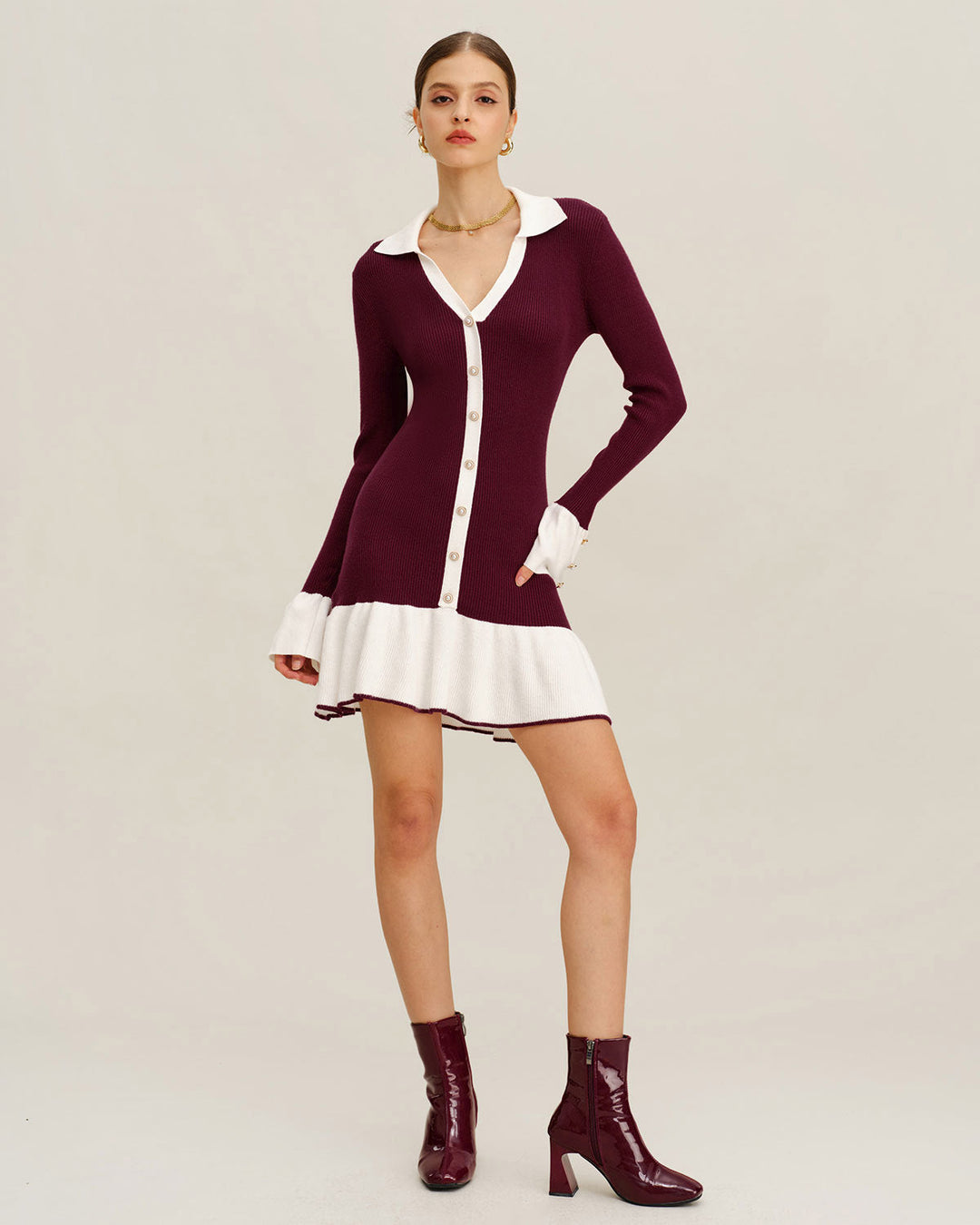 Geovari | Wine-Red Contrast Jumper Dress