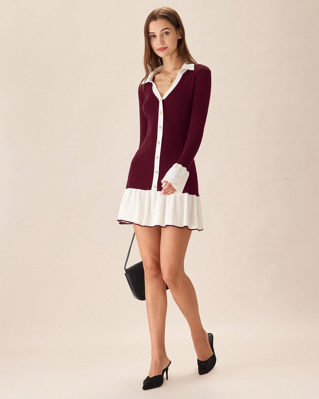 Geovari | Wine-Red Contrast Jumper Dress