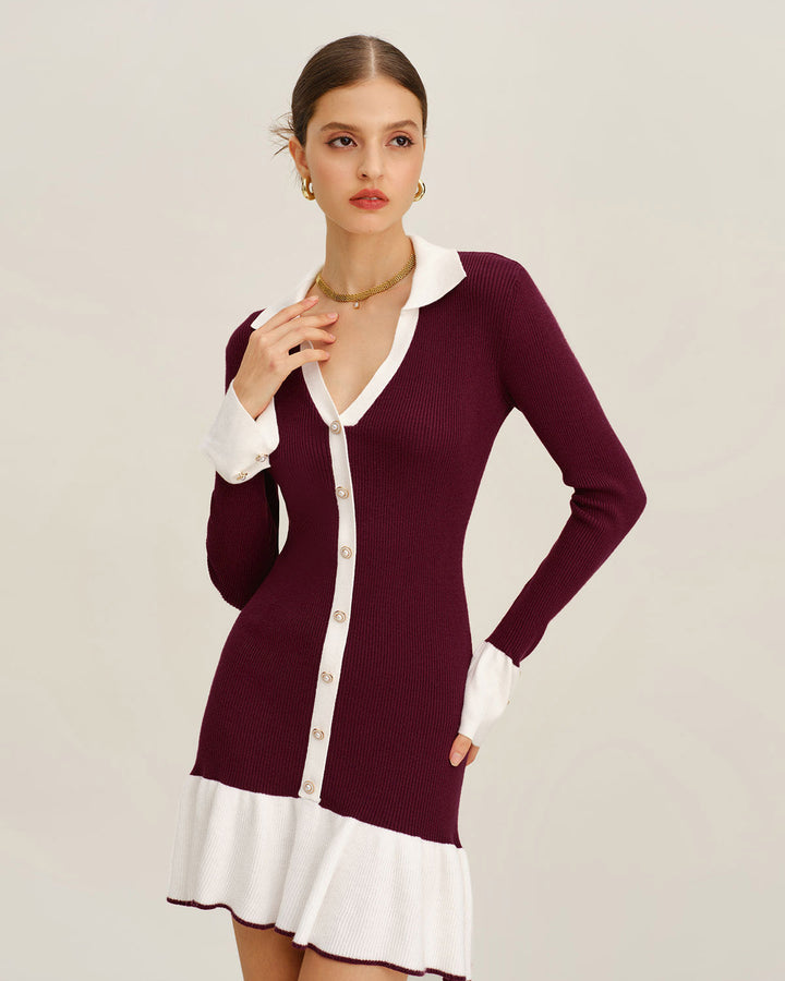 Geovari | Wine-Red Contrast Jumper Dress