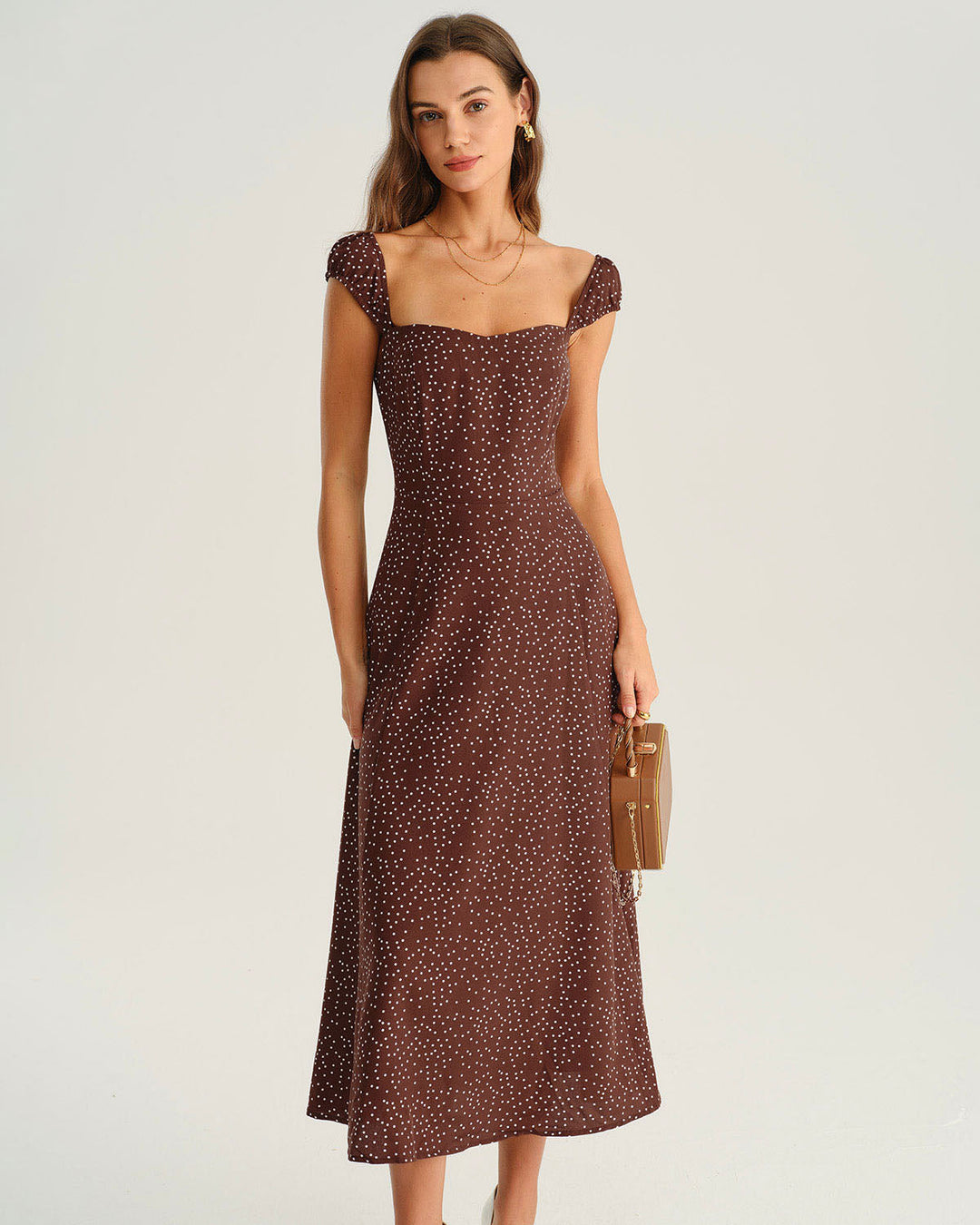Geovari | Brown Polka-Dot Cap-Sleeve Midi Dress