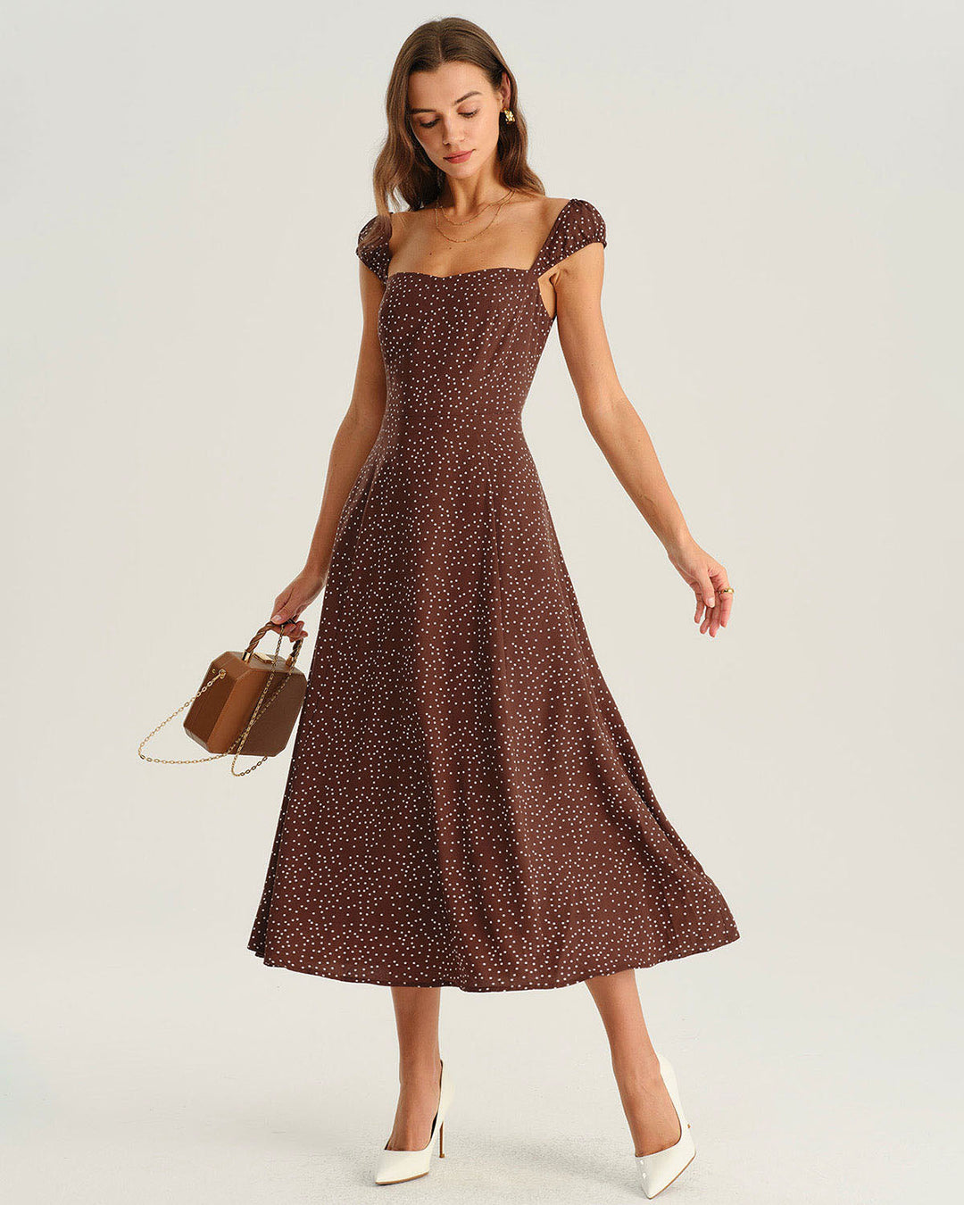 Geovari | Brown Polka-Dot Cap-Sleeve Midi Dress