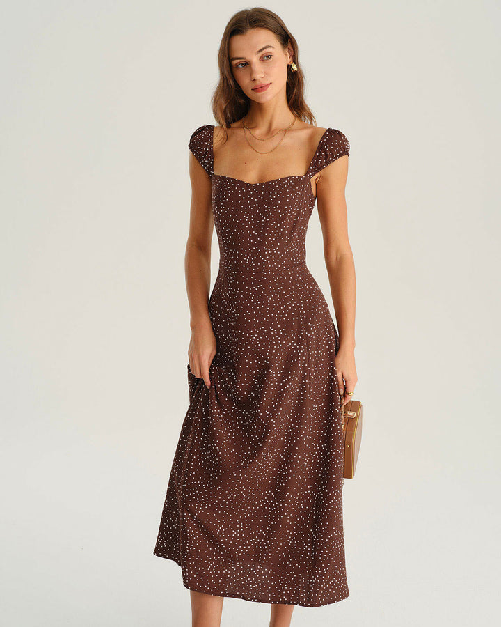 Geovari | Brown Polka-Dot Cap-Sleeve Midi Dress