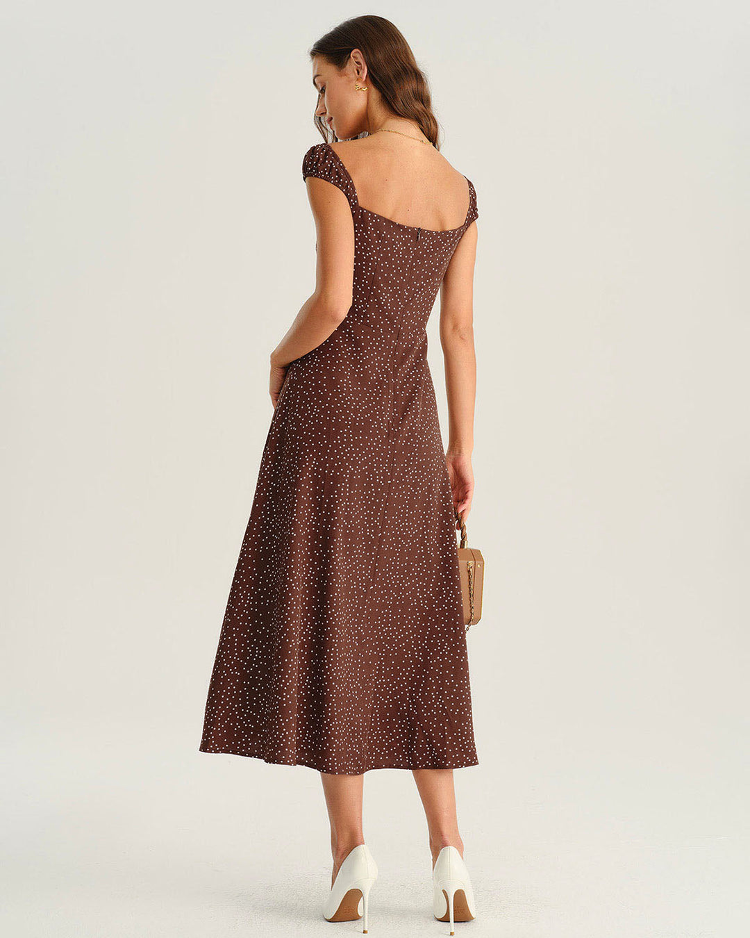 Geovari | Brown Polka-Dot Cap-Sleeve Midi Dress