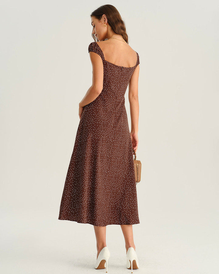 Geovari | Brown Polka-Dot Cap-Sleeve Midi Dress