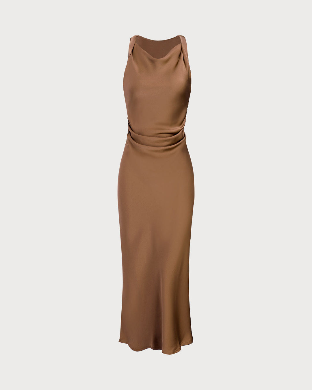 Geovari | Satin Boat-Neck Slip Midi Dress in Coffee