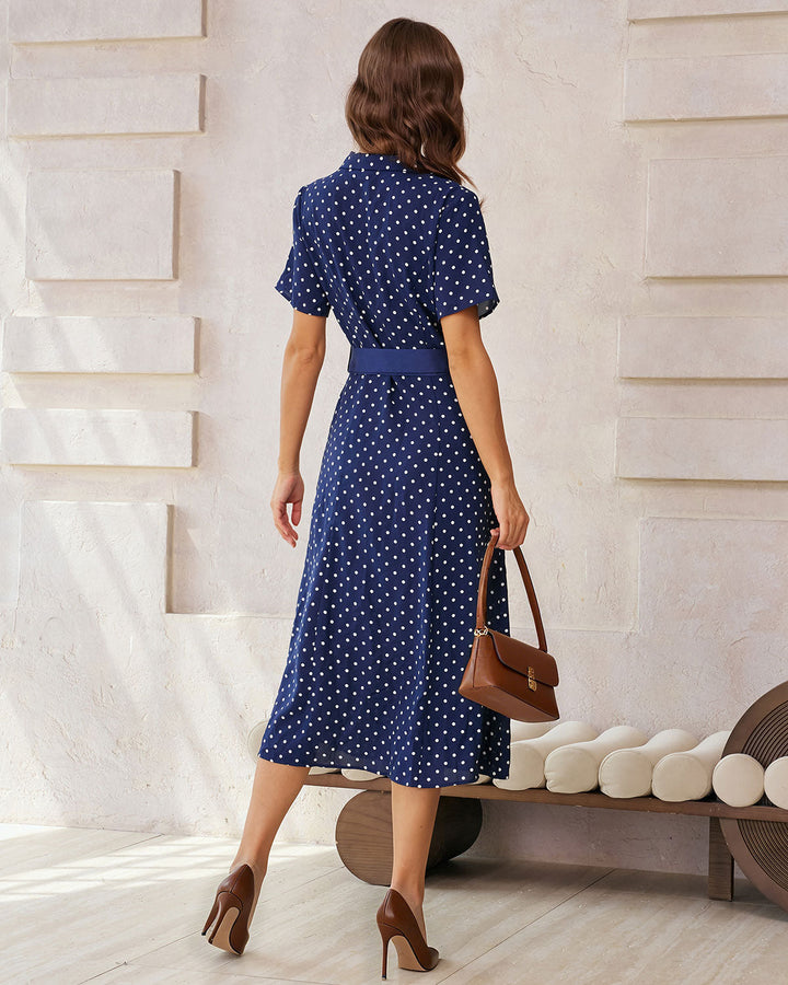 Geovari | Blue Polka-Dot Belted Midi Dress