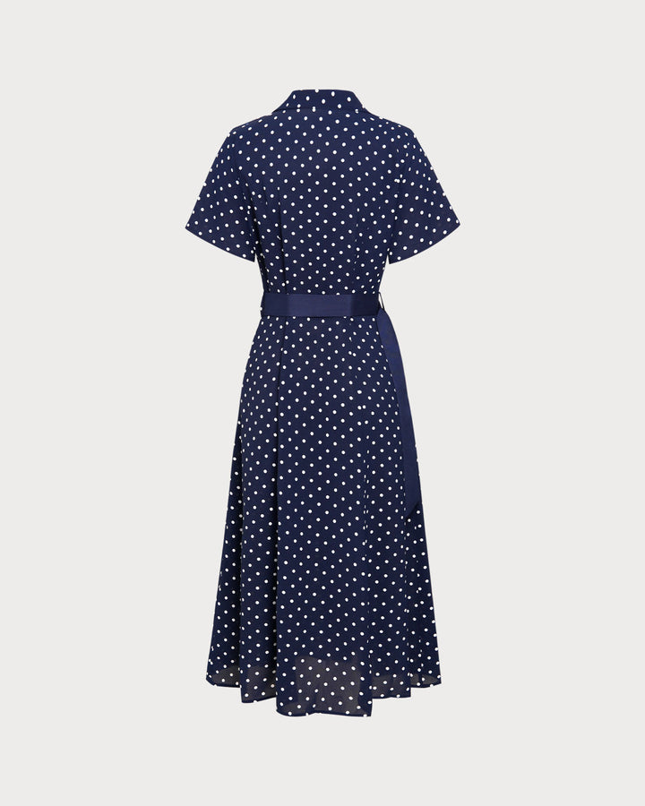 Geovari | Blue Polka-Dot Belted Midi Dress