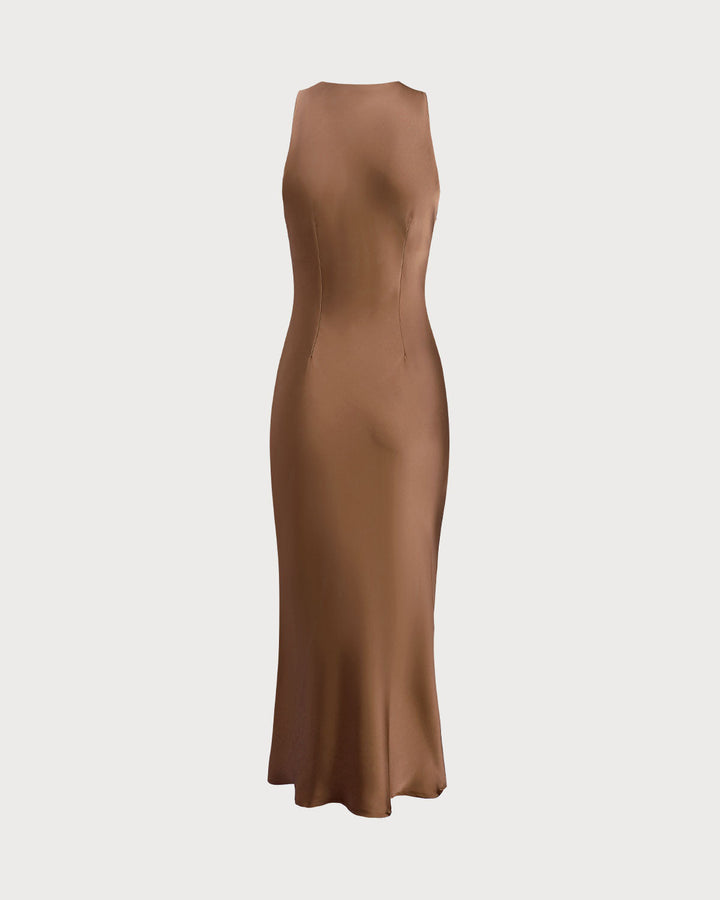 Geovari | Satin Boat-Neck Slip Midi Dress in Coffee