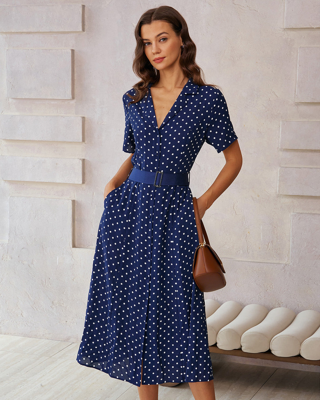 Geovari | Blue Polka-Dot Belted Midi Dress