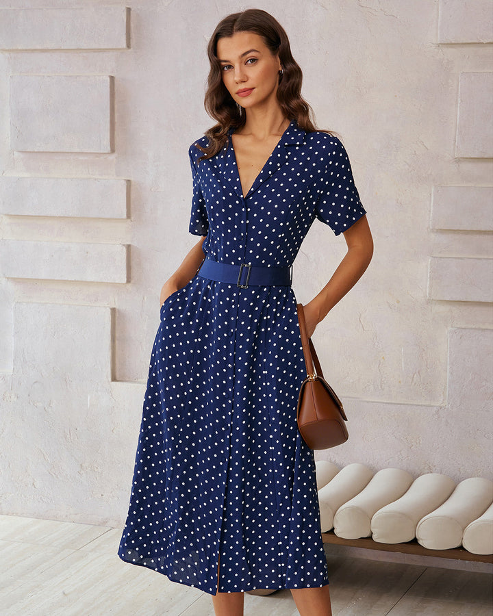 Geovari | Blue Polka-Dot Belted Midi Dress