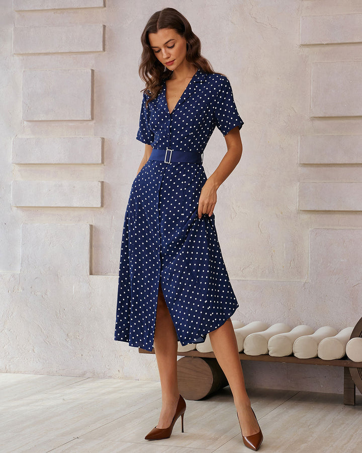 Geovari | Blue Polka-Dot Belted Midi Dress